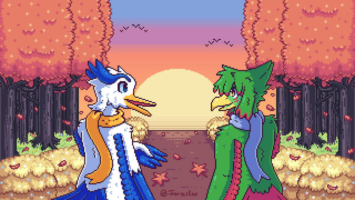 Two Birds, one blue and white and the other green and red walking a path. The front shows a sun and sky transitions in different colors. The left and right side contain golden bushes and orange trees.