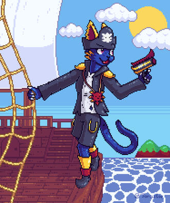 A pirate cat on a pirate ship. She holds onto a rope and has a gun in her left hand. She balances herself on the fence of the pirate ship.