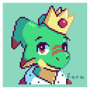 A green dinosaur with a crown on his head. He wears an outfit a king usually wears.