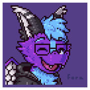 A purple dragon character with blue hair and black and white ears. He wears a black hoodie.