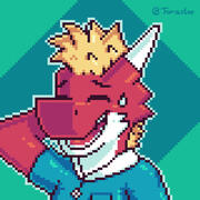 A red dinosaur with a blue t-shirt. He looks nervous.