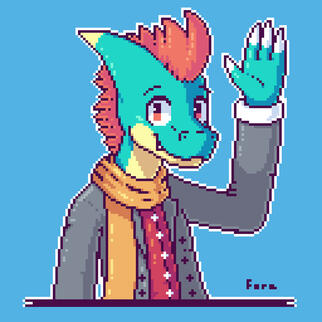 A Cyan-blue dinosaur with orange hair waving at the camera. He wears a yellow scarf, a gray outfit and red shirt.