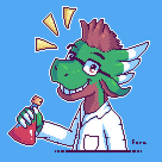 A green dinosaur with brown hair. He wears a scientist outfit and holds a potion.