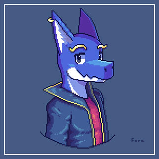 A blue dino character wearing a black coat. He wears a red T-Shirt underneath.