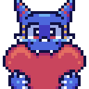 Blue dinosaur character holding a heart.