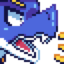 Blue dinosaur character screaming.