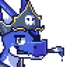 A blue dinosaur with a pirate hat holding a brush in his mouth.