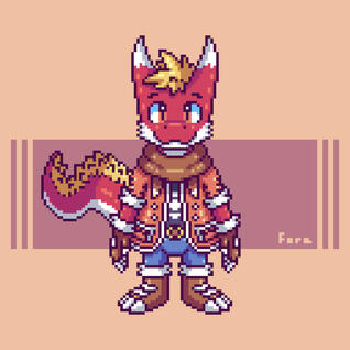 A red dinosaur character with yellow hair. He wears a brown scarf, an orange jacket, blue trousers a black shirt and brown boots.