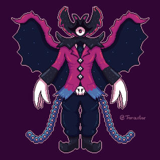 A mysterious creature with a unique design. The head is shaped like a bat, he wears a red coat. Behind him are chains. He additionally wears baggy trousers and black shoes and gloves.