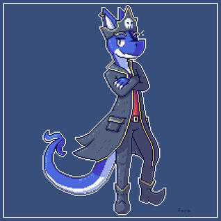 A blue dinosaur character in a pirate outfit.