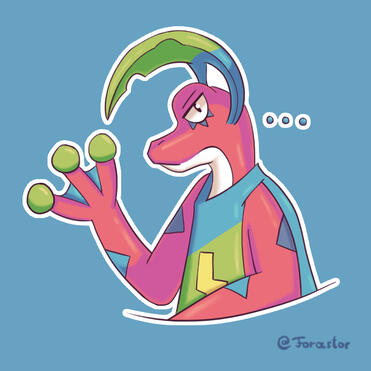 A red frog character. As a hat, he wears some sort of "Leaf", his shirt has a thunder icon and is blue and green. He also waves at the camera.