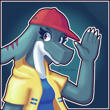 A gray dinosaur character wearing a cap and a yellow outfit. Underneath she wears a blue shirt. She is waving at the camera.