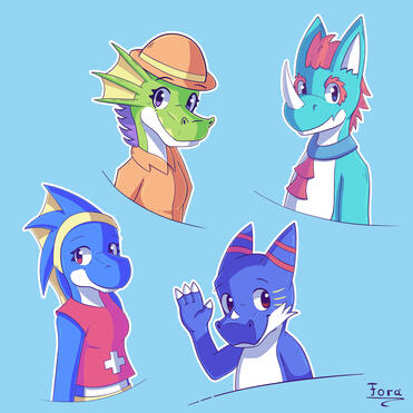 Several Dinosaur portraits: Top left shows a green character with an orange outfit, top right shows a blue character with orange hair and a big spike on his snout, bottom left shows a life-saver dino with a yellow hair band and unique hair, bottom right sh