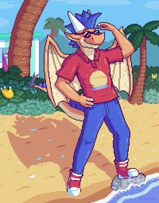 An orange dragon with sunglasses looking towards the sun while standing on a stone with one foot. In the background are multiple plants aswell as palm trees and a little shop.