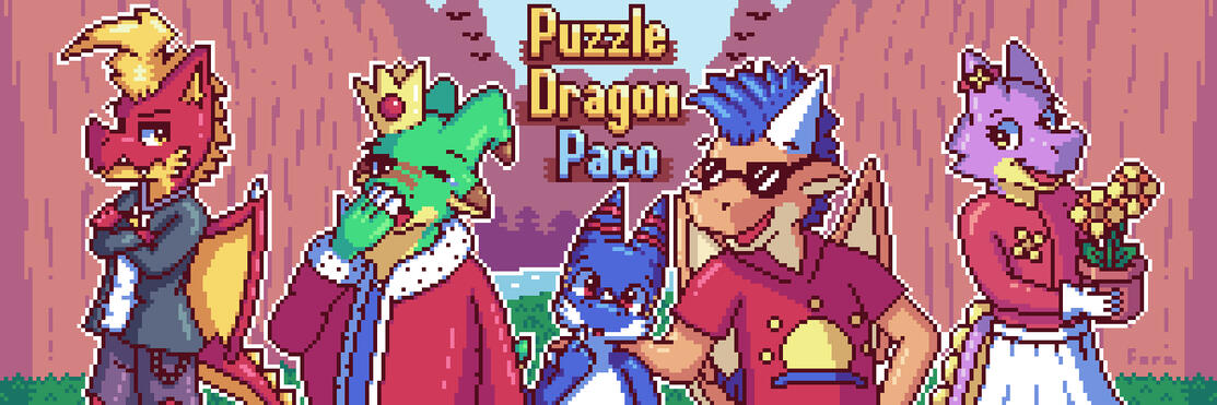 Banner with several dinos and dragons. From left ro right: Red dragon character with yellow hair, green character with a king outfit yawning, a tiny blue dinosaur character being a bit confused, a orange dragon character with blue character putting the han