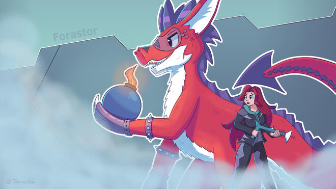 A full Art piece showing a gigantic red dinosaur character holding a bomb and a woman next to him with red hair and a unique cyber weapon. The background is a metallic wall.